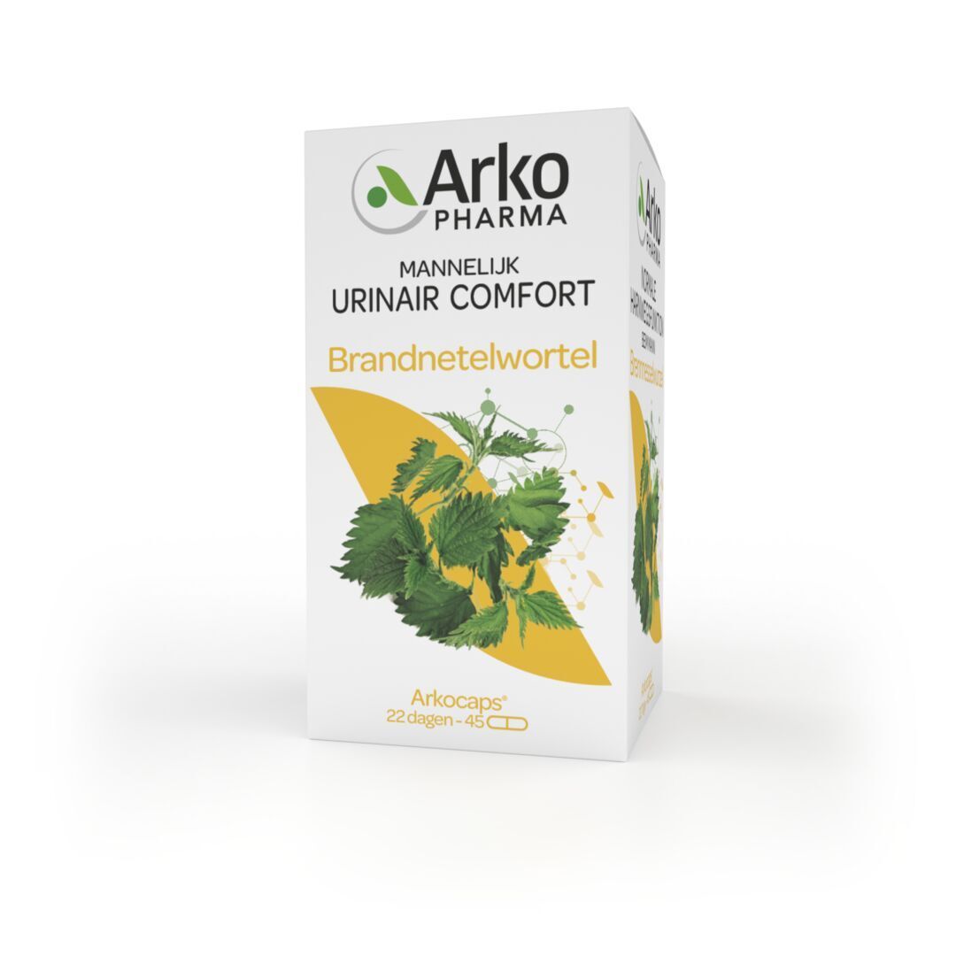 Produktverpackung. Text: Mannelijk Urinair Comfort, Brandnetelwortel. 22 dagen - 45 capsules. Weiß-gelbe Verpackung.
