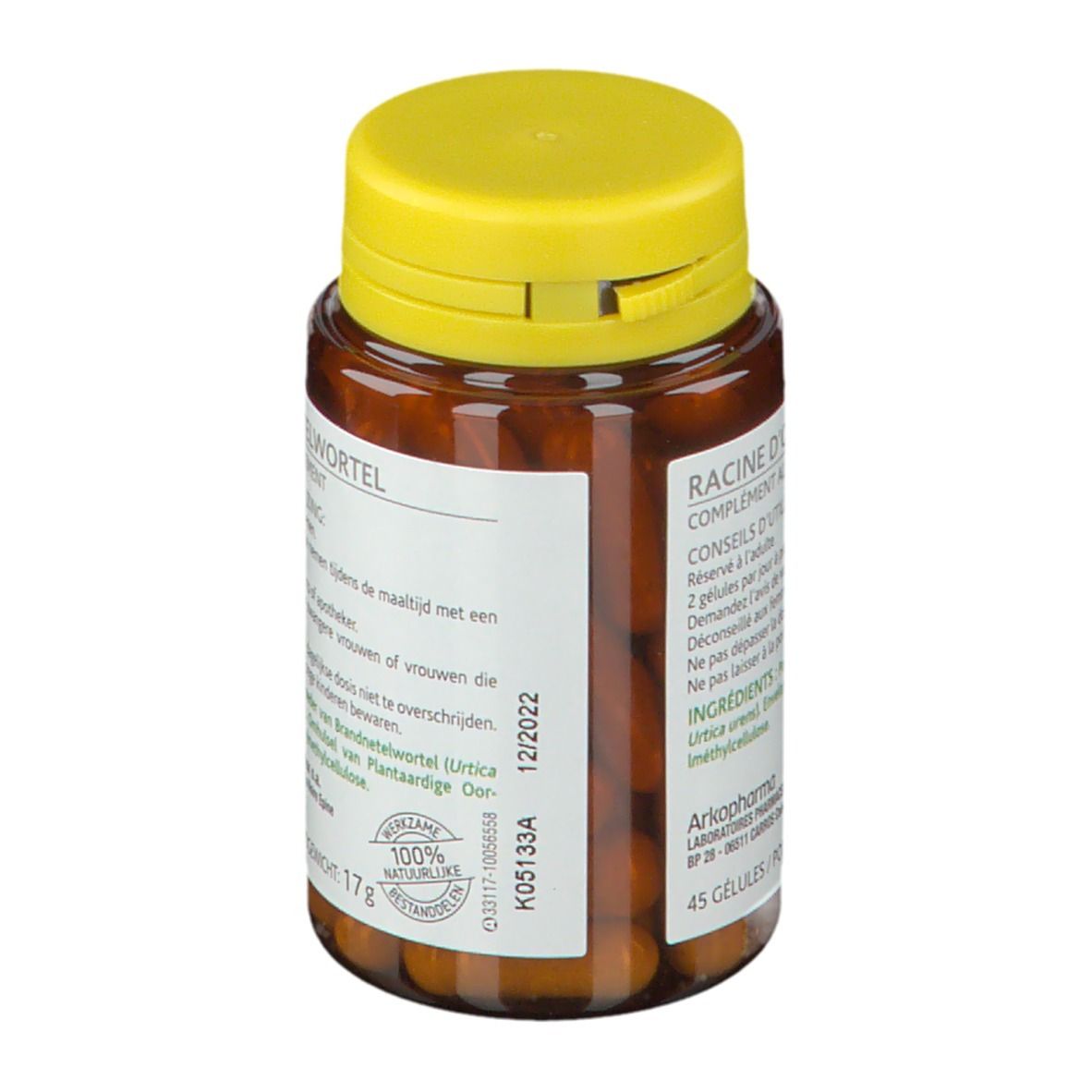 Braune Flasche mit gelbem Deckel. Etikett mit Text: Racine d'Ortie, 45 capsules, 12/2022. Kapseln sichtbar.