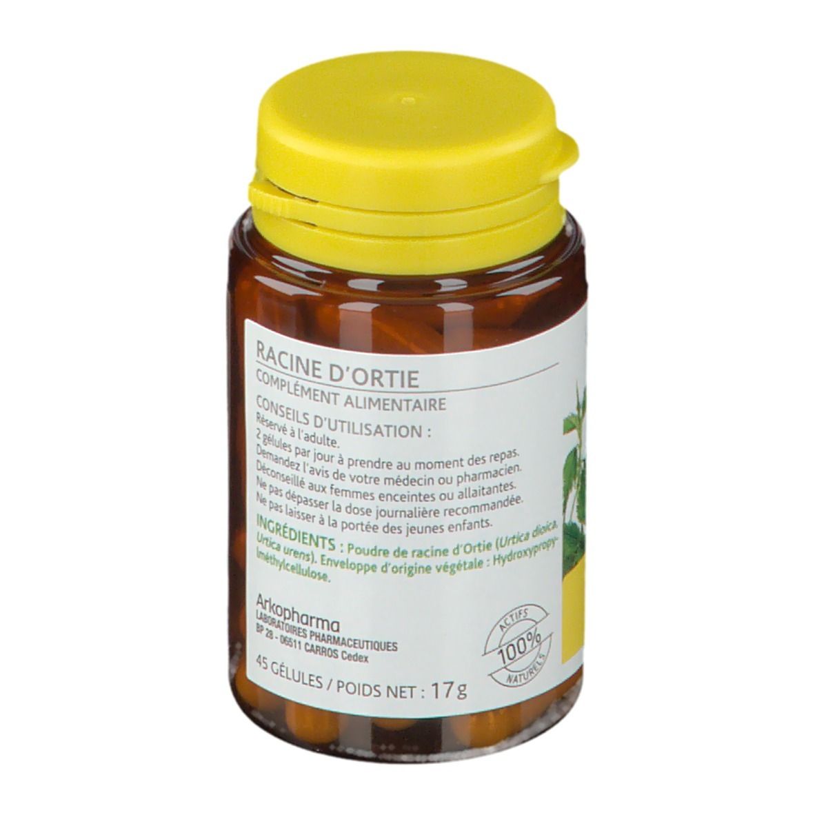 Braune Flasche mit gelbem Deckel. Etikett mit Text: Racine d'Ortie, 45 capsules, 17g. Kapseln sichtbar.