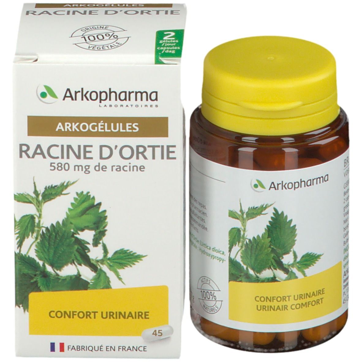 Produktverpackung und Flasche. Verpackung mit Text: Arkogélules, Racine d'Ortie, 580 mg de racine. Flasche mit Kapseln.