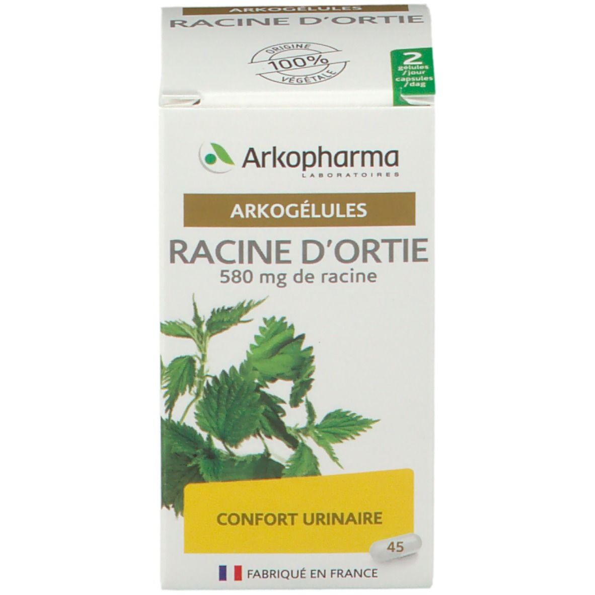 Produktverpackung. Text: Arkogélules, Racine d'Ortie, 580 mg de racine. 45 Kapseln. Grün-weiße Verpackung.