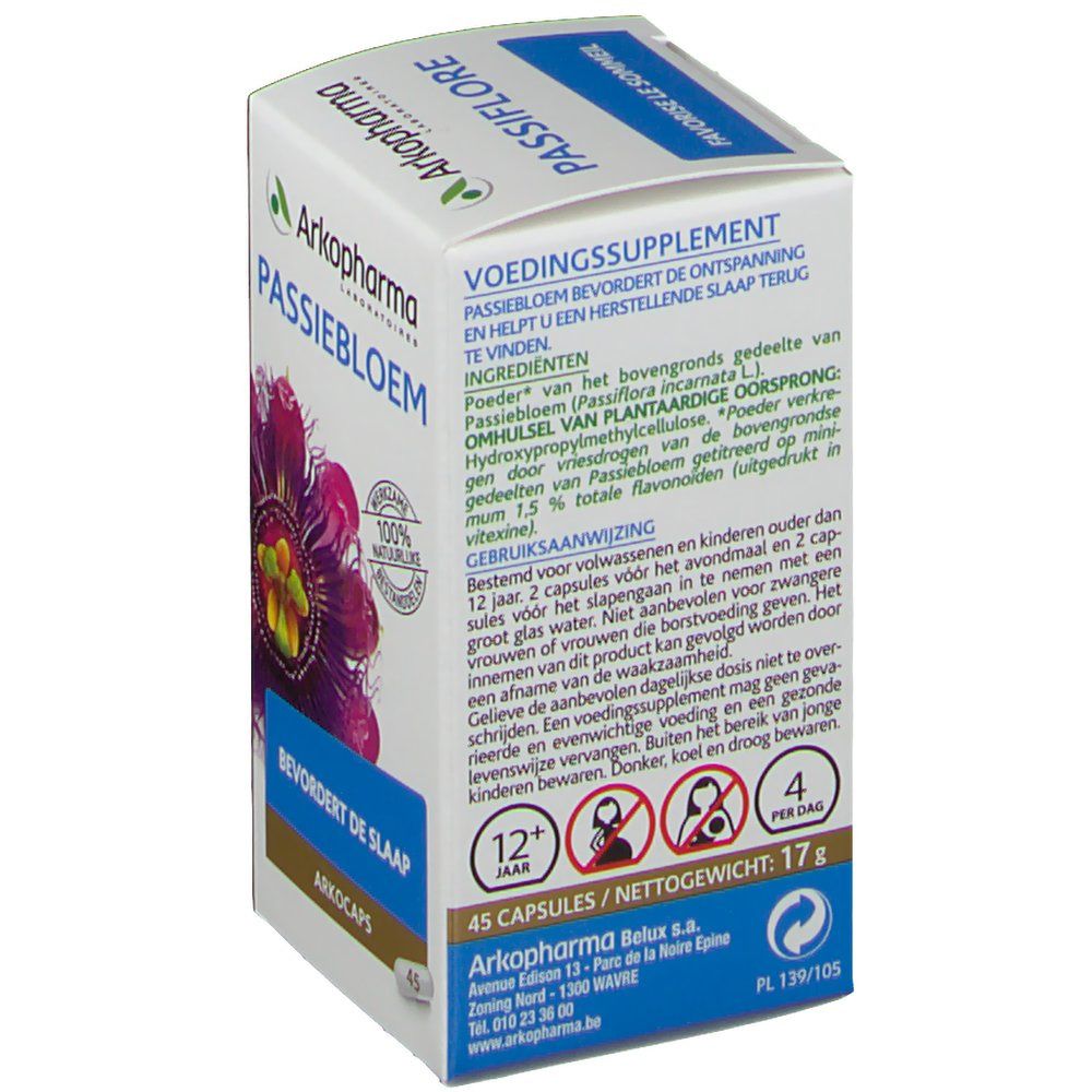 Dos de la boîte Passiflore Arkocaps. Informations sur les ingrédients et l'utilisation. Contient 45 gélules.