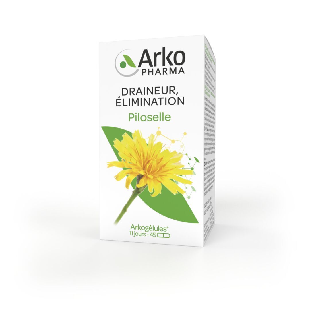 Boîte blanche avec logo et nom du produit. Illustration d'une fleur jaune. 45 gélules.