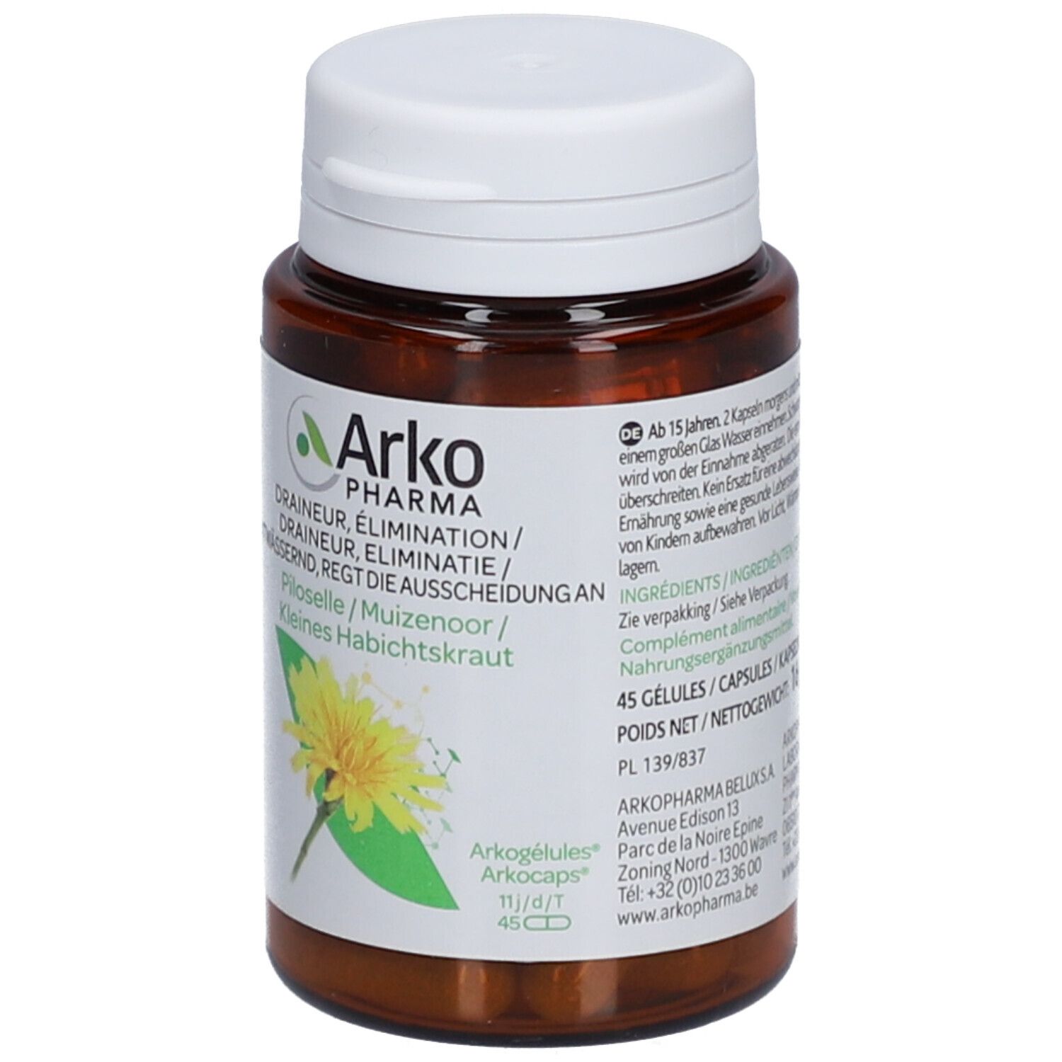 Flacon brun avec bouchon blanc. Étiquette avec informations produit et logo Arko Pharma. 45 gélules.