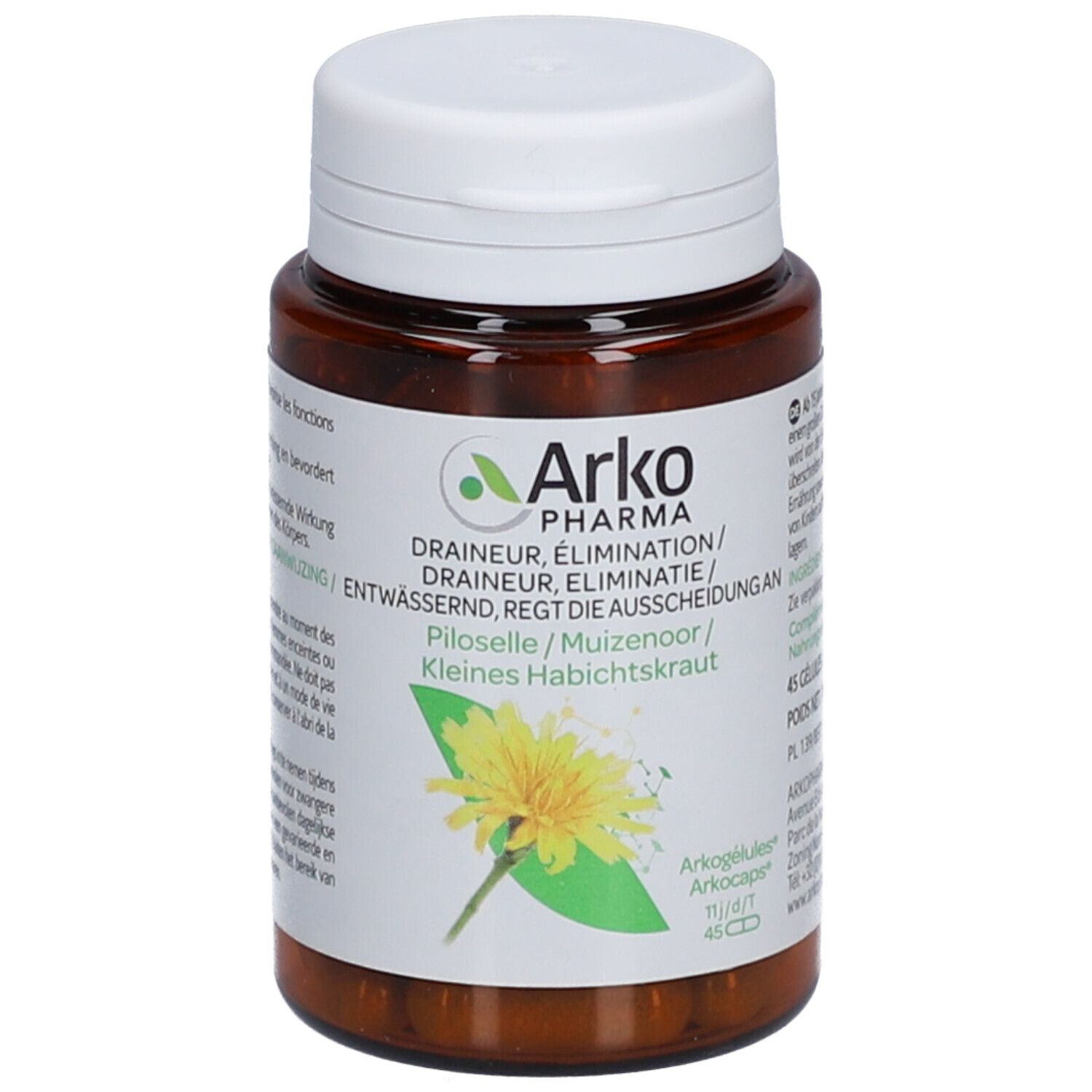 Flacon brun avec bouchon blanc. Étiquette avec informations produit et logo Arko Pharma. 45 gélules.