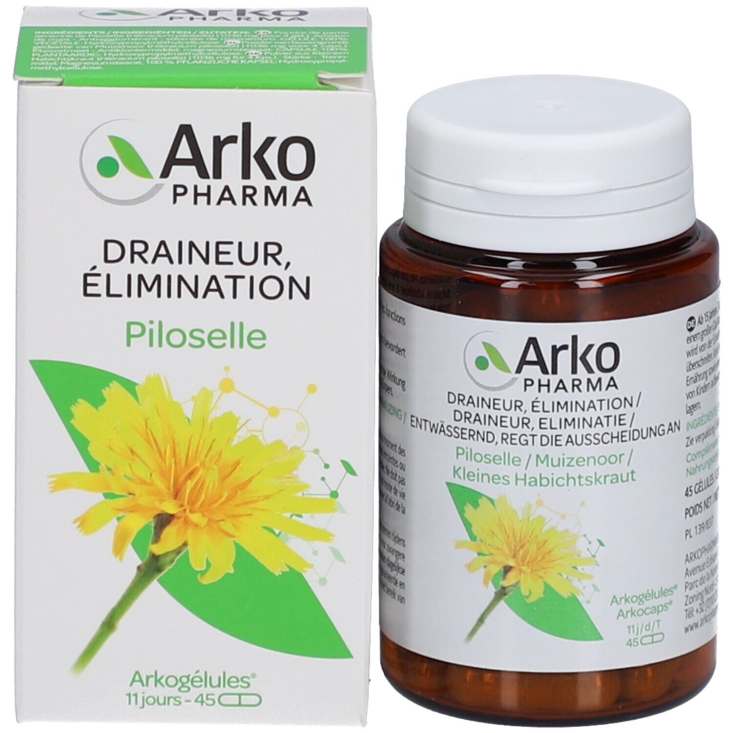 Emballage et flacon. Boîte blanche avec logo et nom du produit. Flacon brun avec gélules.