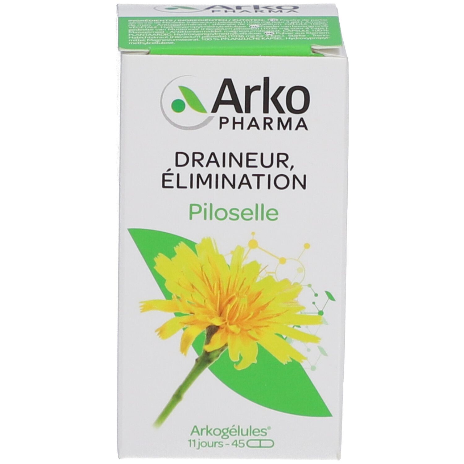 Boîte blanche avec logo et nom du produit. Illustration d'une fleur jaune. 45 gélules.