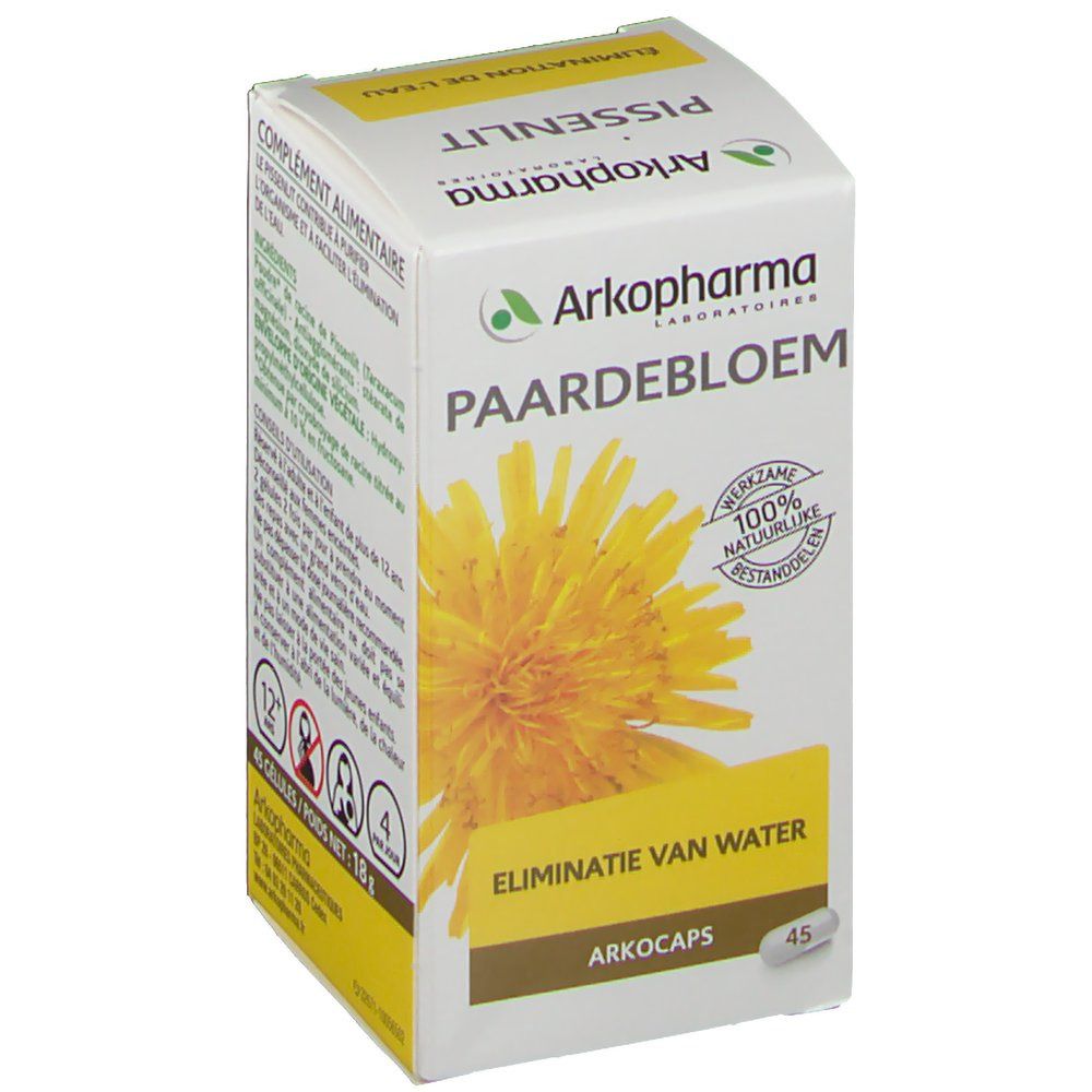 Boîte Arkopharma Paardebloem. Texte jaune, illustration de pissenlit. 45 gélules, 18g. Inscription "Élimination de l'eau".
