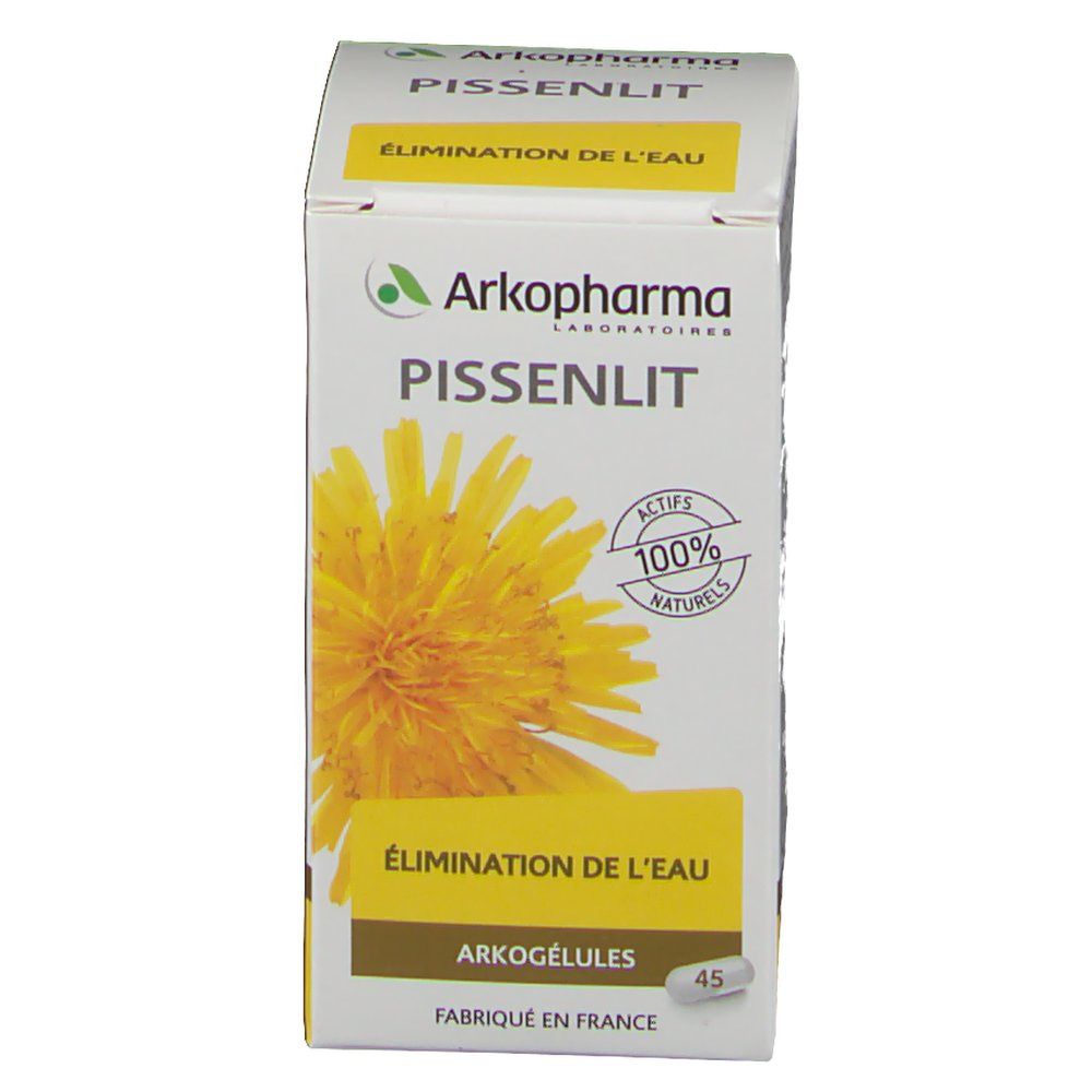 Boîte Arkopharma Pissenlit. Texte jaune, illustration de pissenlit. 45 gélules. Inscription "Élimination de l'eau".