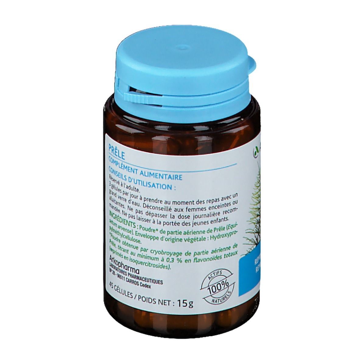 Flacon brun, bouchon bleu. Étiquette avec texte. 45 gélules. Complément alimentaire.
