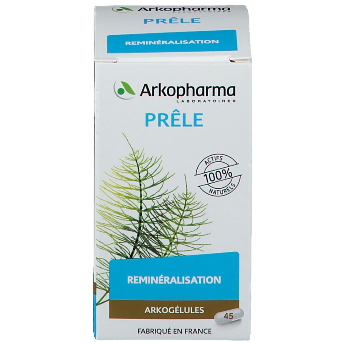 Emballage produit. Boîte blanche avec accent bleu. 45 gélules. Reminéralisation.