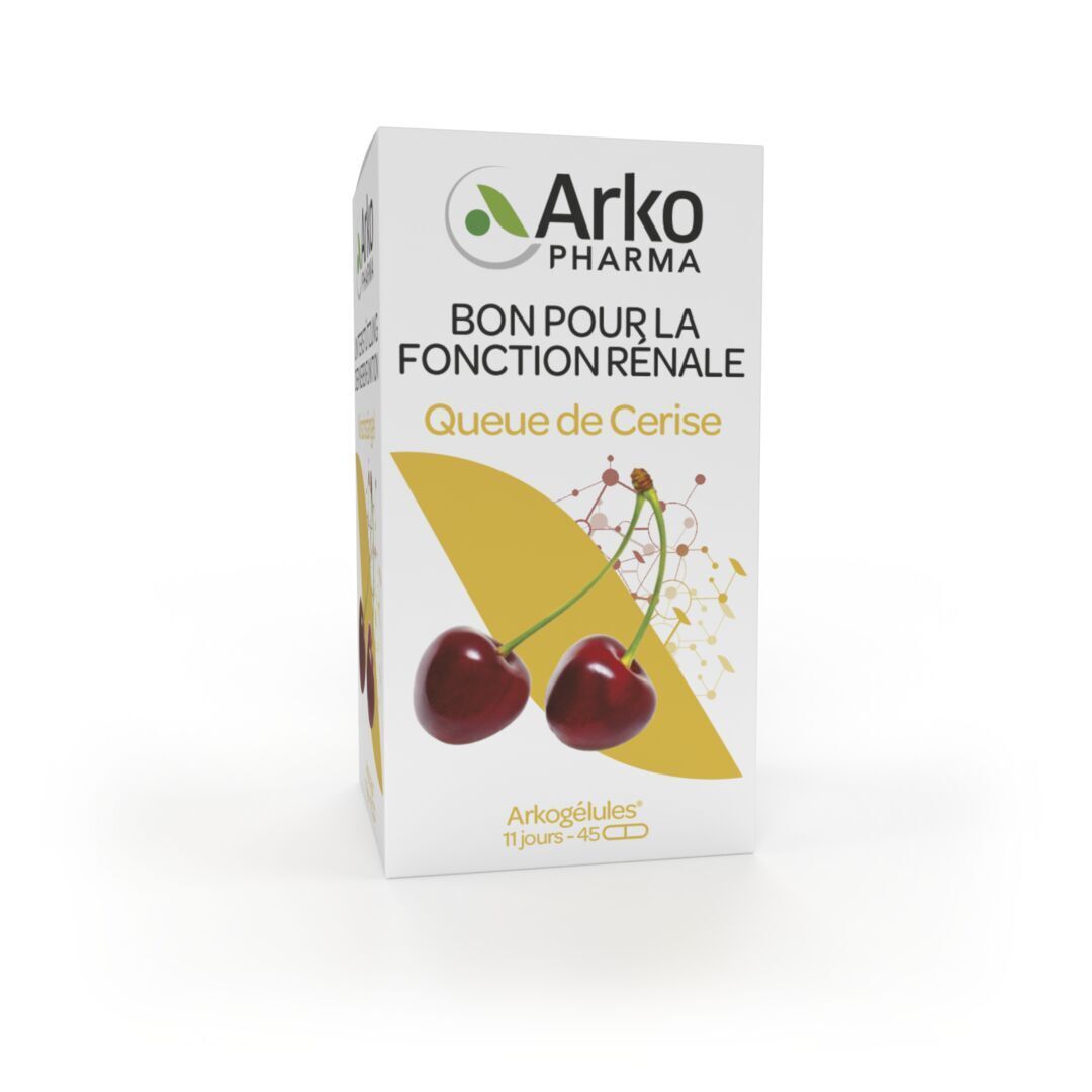 Emballage produit. Boîte blanche avec cerises et logo Arkopharma.