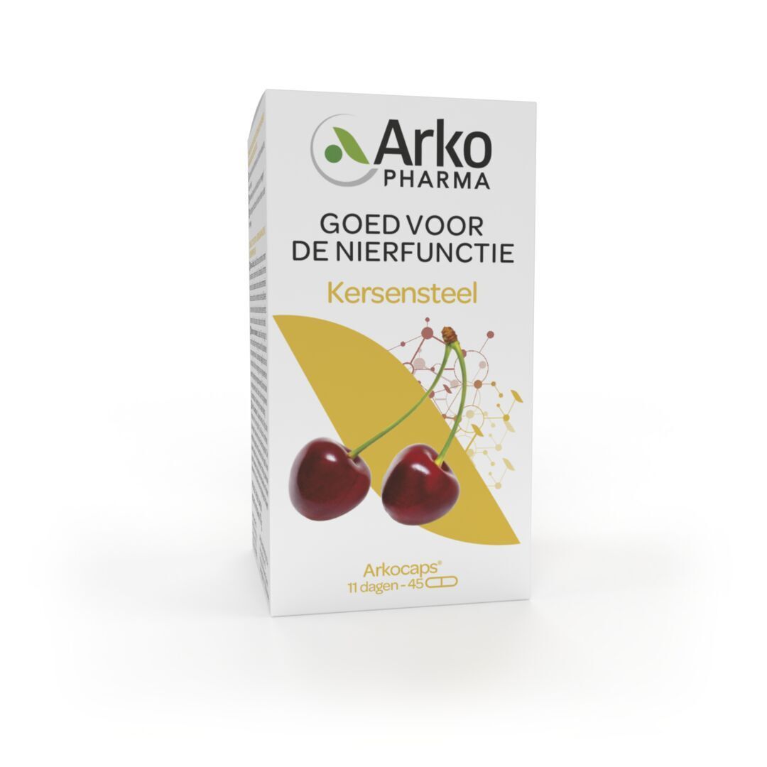 Productverpakking. Witte doos met kersen en Arkopharma logo.
