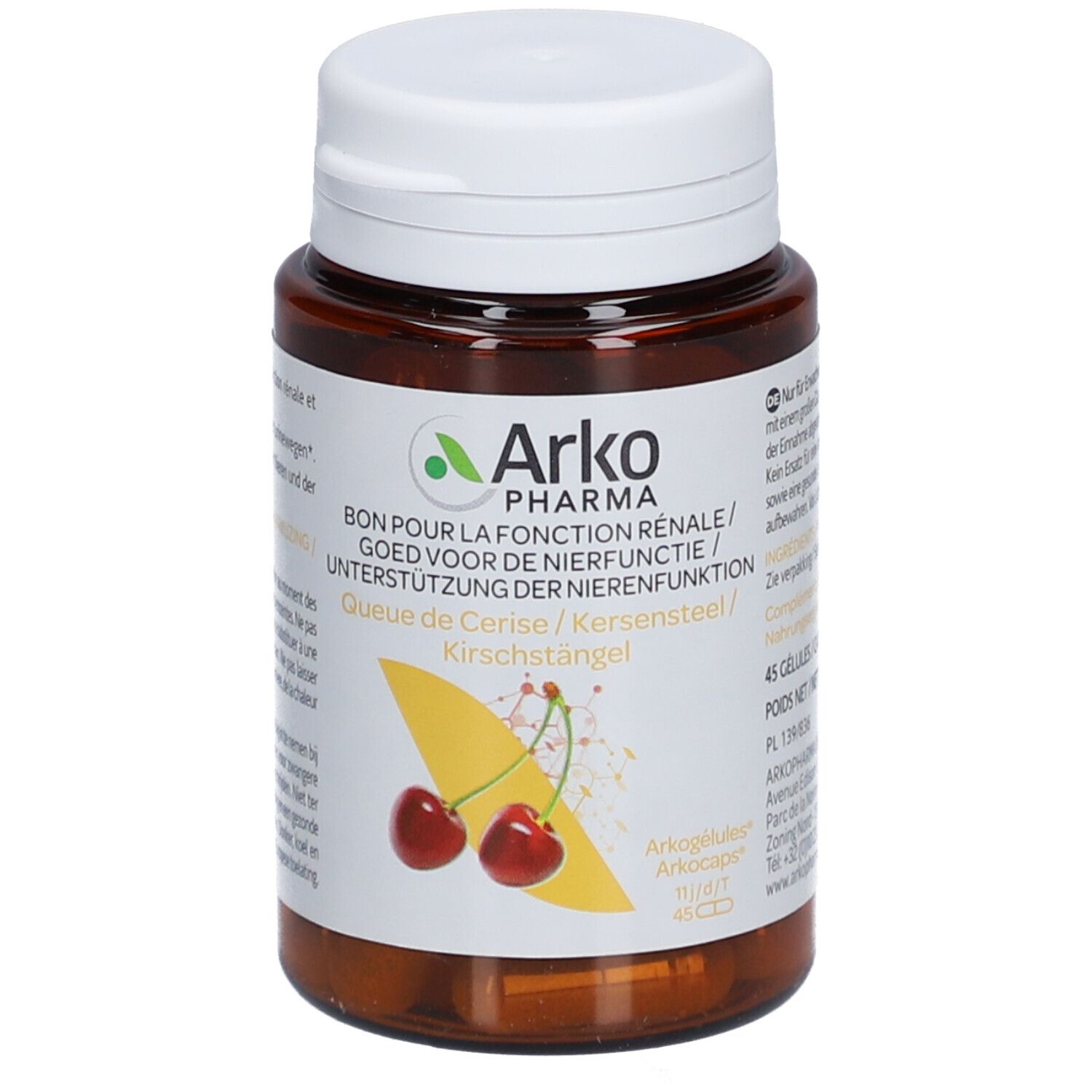 Flacon marron et bouchon blanc. Étiquette avec informations produit et cerises. Logo Arkopharma.