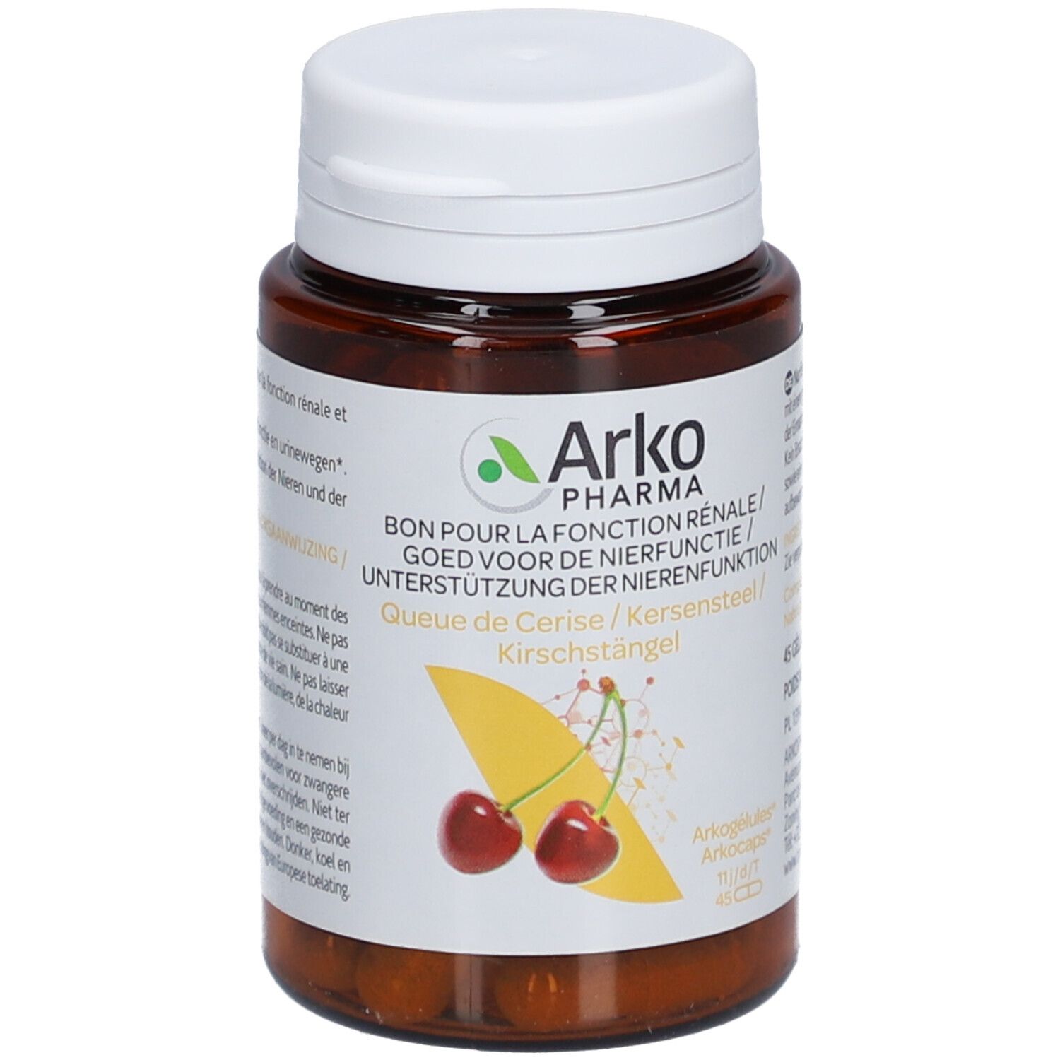 Flacon marron et bouchon blanc. Étiquette avec informations produit et cerises. Logo Arkopharma.