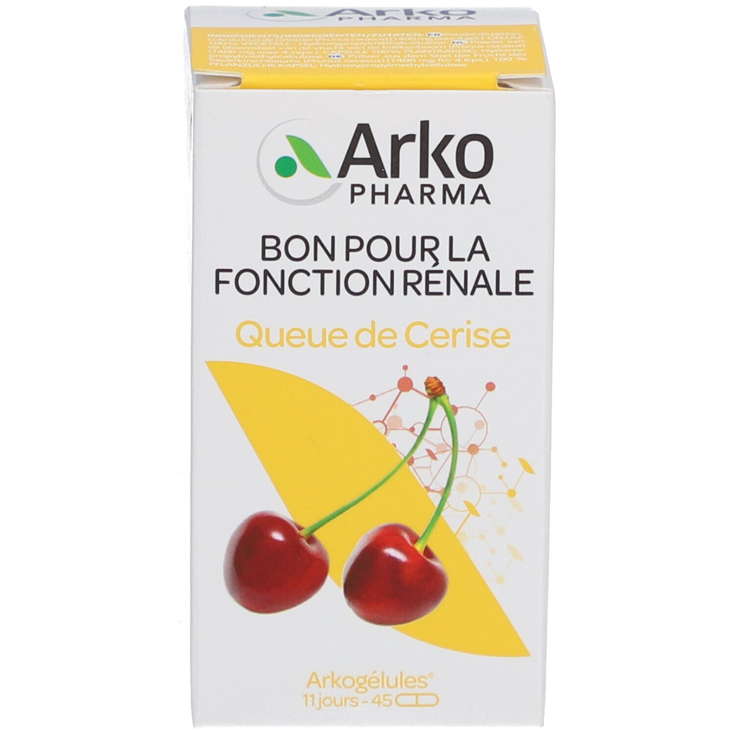 Emballage produit. Boîte blanche avec cerises et logo Arkopharma.