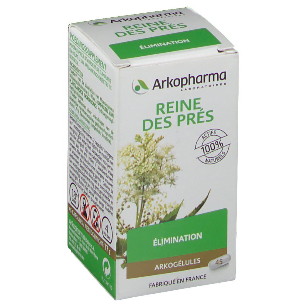 Boîte blanche et verte. Inscription: Arkopharma, Reine des Prés, Élimination. 45 gélules. Actifs 100% naturels.