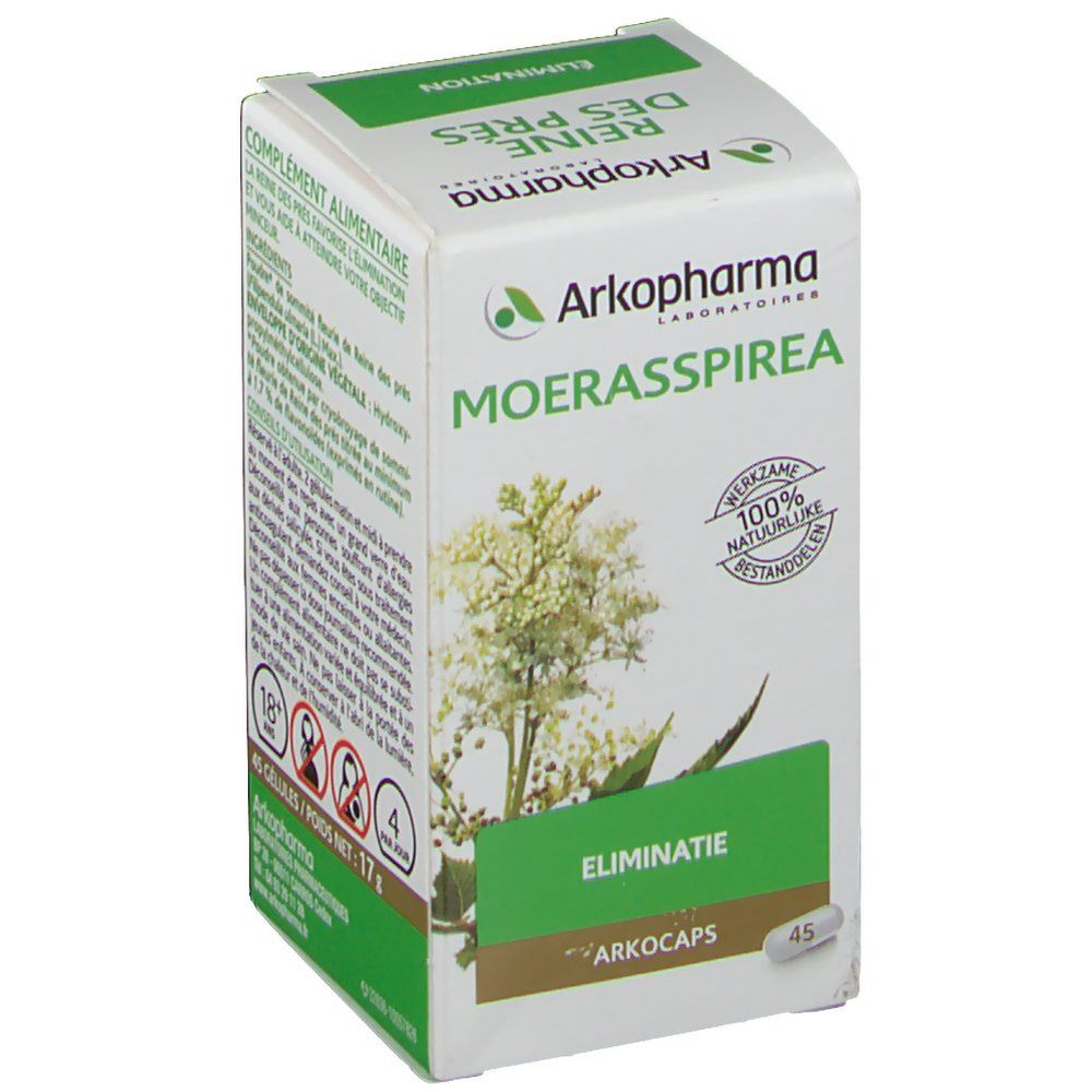 Boîte blanche et verte. Inscription: Arkopharma, Moerasspirea, Élimination. 45 gélules. Actifs 100% naturels.