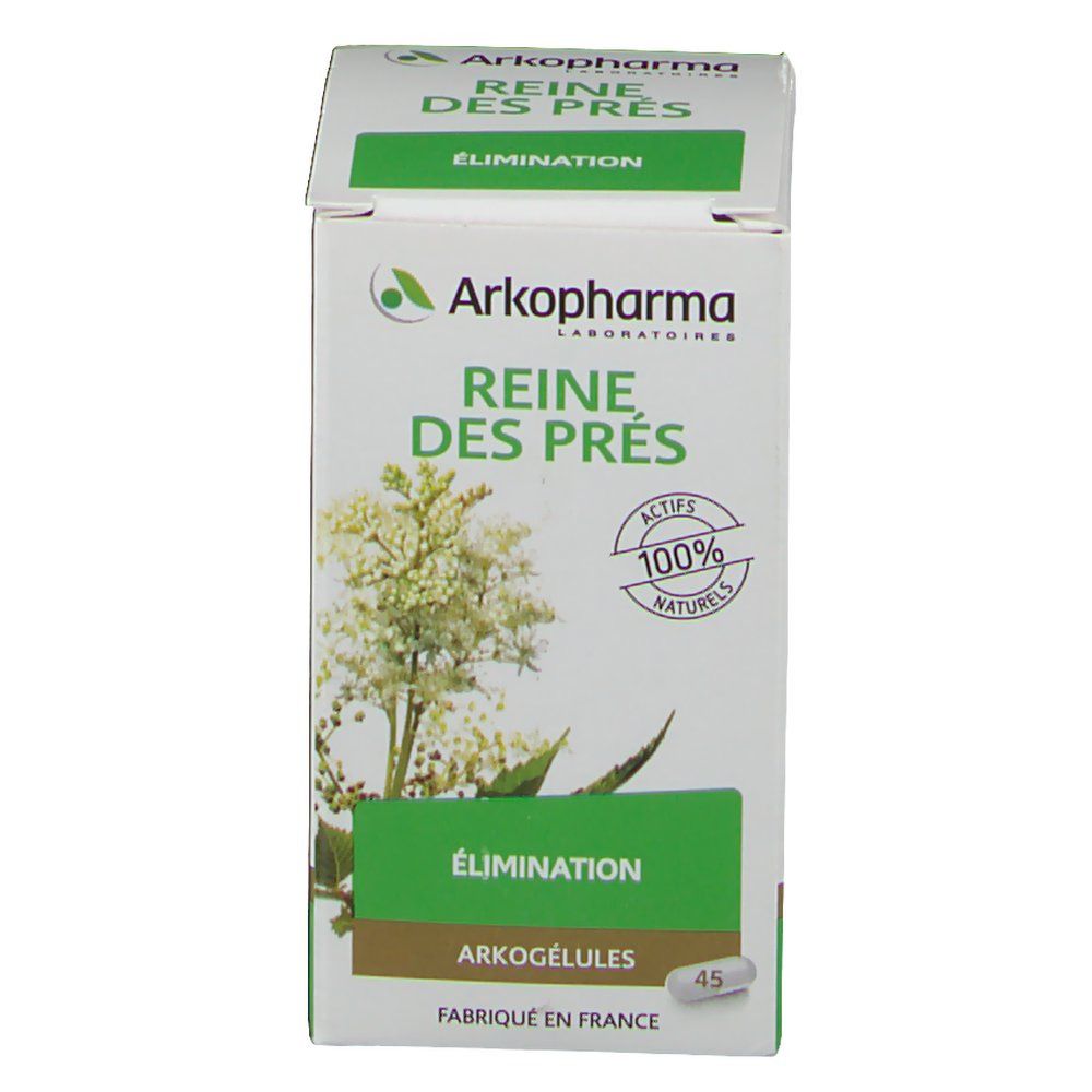 Boîte blanche et verte. Inscription: Arkopharma, Reine des Prés, Élimination. 45 gélules. Actifs 100% naturels.