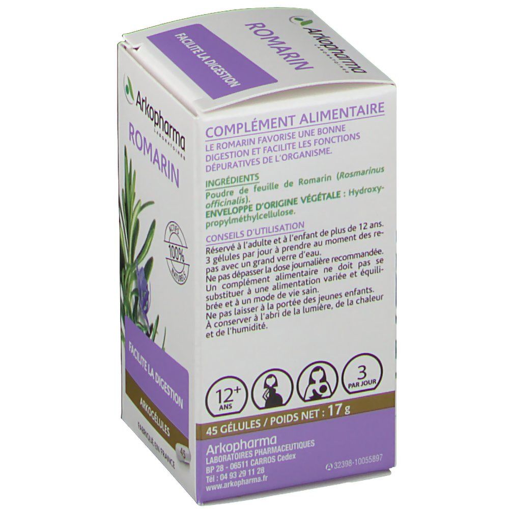 Dos de la boîte Arkogelules Romarin. Texte : Complément alimentaire, 45 gélules, 17g. Conseils d'utilisation. Logo Arkopharma.
