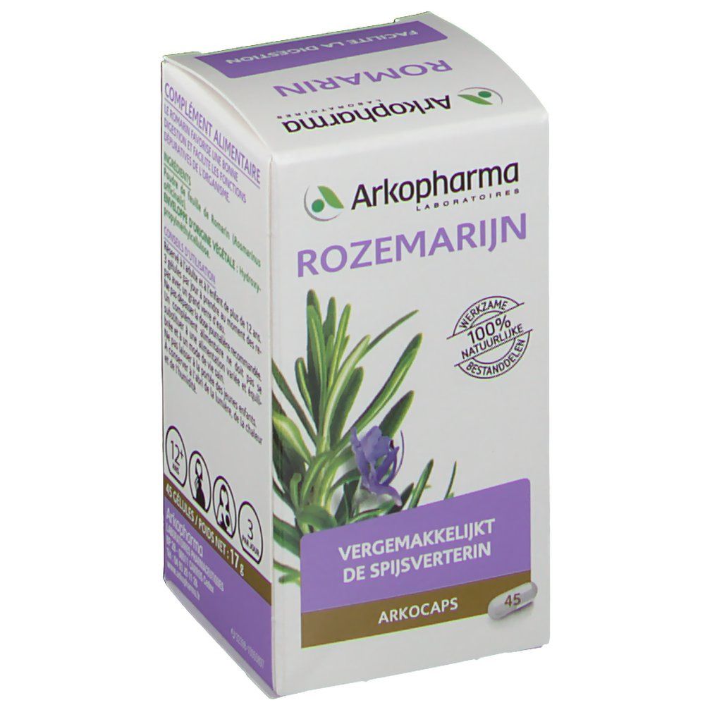 Boîte de Arkocaps Romarin. Inscription : Romarin, Arkopharma, 45 gélules, actifs 100% naturels. Illustration de romarin.