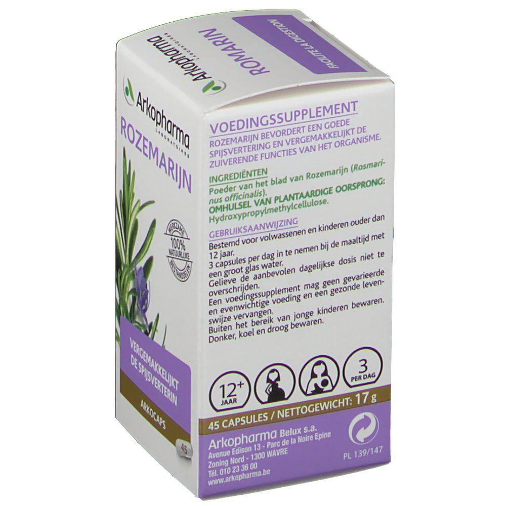 Dos de la boîte Arkocaps Romarin. Texte : Complément alimentaire, 45 gélules, 17g. Conseils d'utilisation. Logo Arkopharma.
