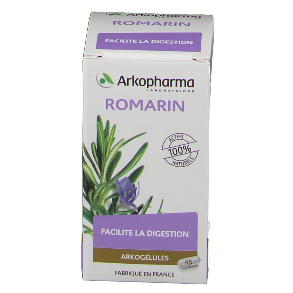 Boîte de Arkogelules Romarin. Inscription : Romarin, Arkopharma, 45 gélules, actifs 100% naturels. Illustration de romarin.