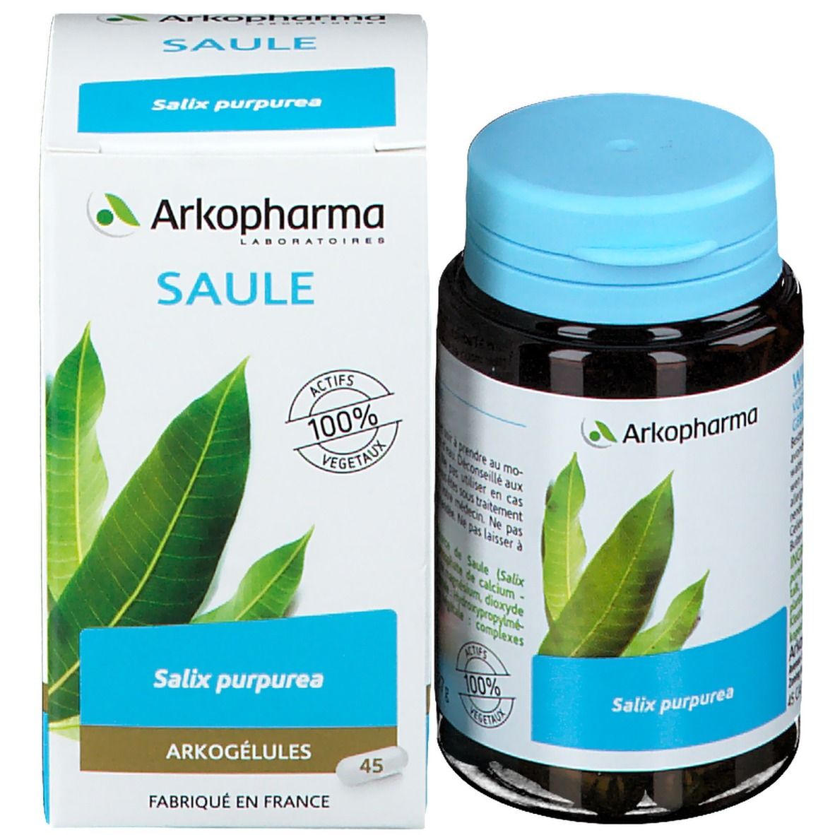 Emballage du produit avec flacon et boîte. Sur la boîte, on lit "SAULE" et "Arkogelules".