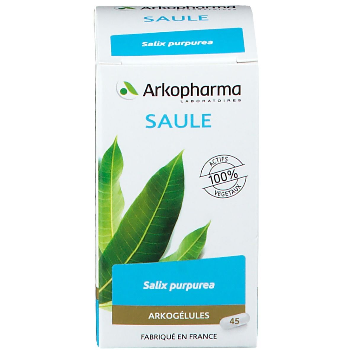 Emballage du produit, une boîte avec l'inscription "SAULE" et "Arkogelules".