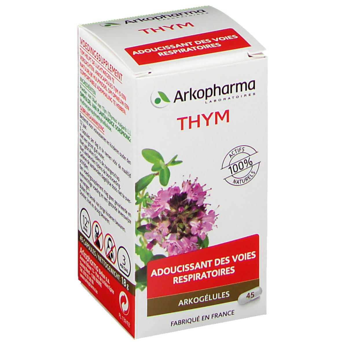Boîte blanche Arkopharma Thym. Inscription: Thym, 100% actifs naturels, 45 gélules. Illustration d'une plante.