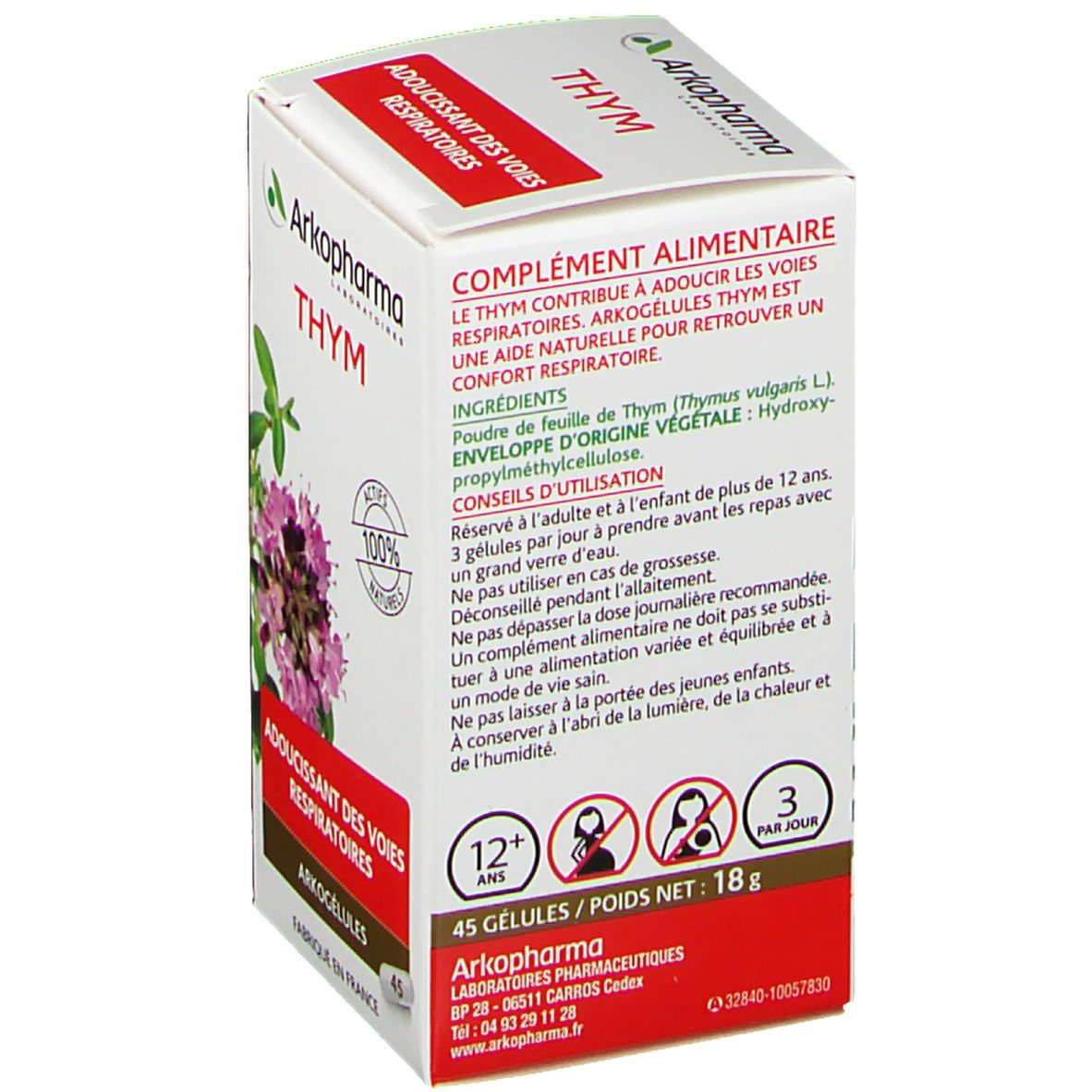 Dos de la boîte blanche Arkopharma Thym. Texte en français. 45 gélules, 18g. Avertissements et posologie.