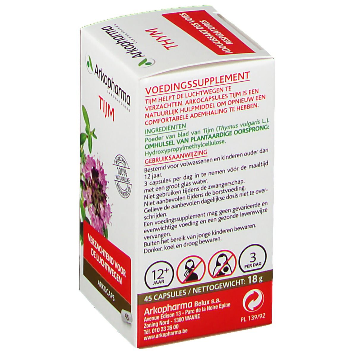 Dos de la boîte blanche Arkocaps Tijm. Texte en néerlandais. 45 gélules, 18g. Avertissements et posologie.