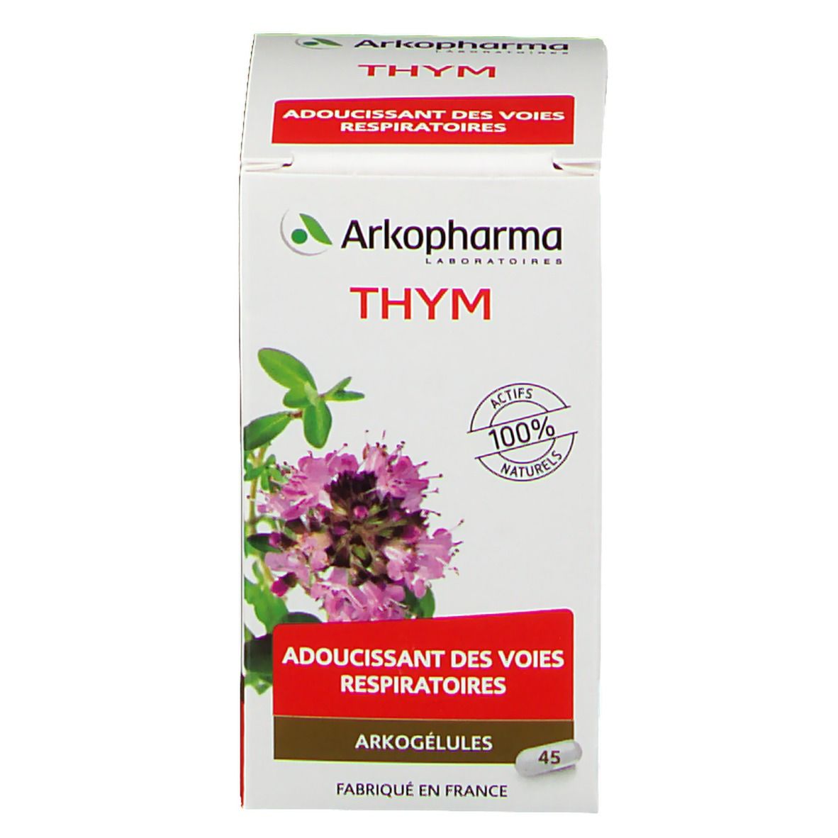 Boîte blanche Arkopharma Thym. Inscription: Thym, 100% actifs naturels, 45 gélules. Illustration d'une plante.
