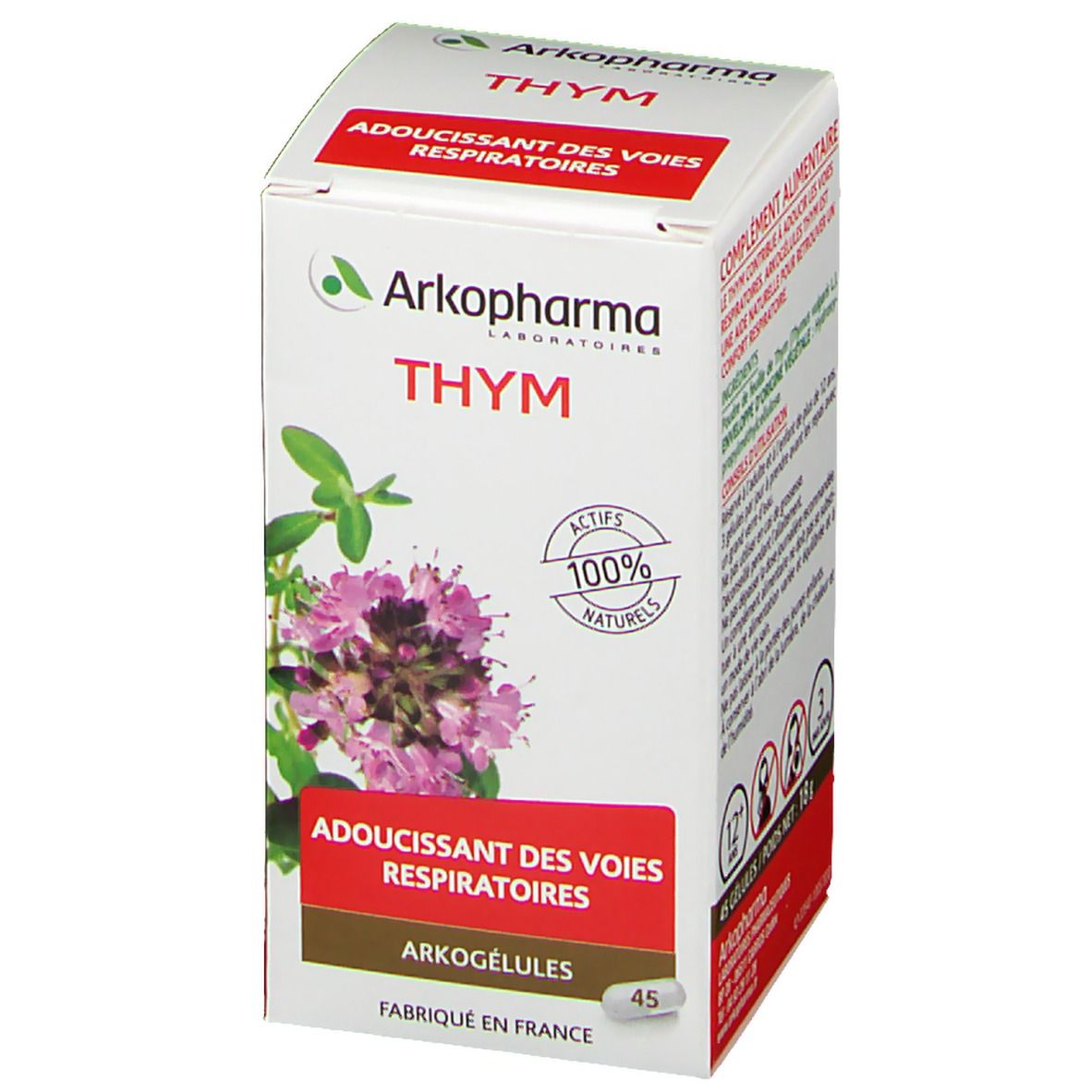 Boîte blanche Arkopharma Thym. Inscription: Thym, 100% actifs naturels, 45 gélules. Illustration d'une plante.