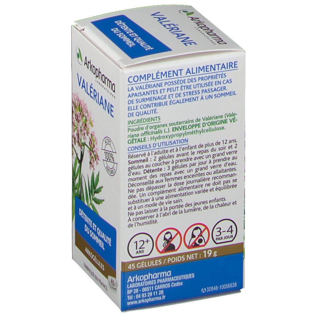 Boîte Arkocaps Valeriane. Inscription: "Valeriane", "Détente et qualité du sommeil". 45 gélules, 19g. Logo: 100% naturel.