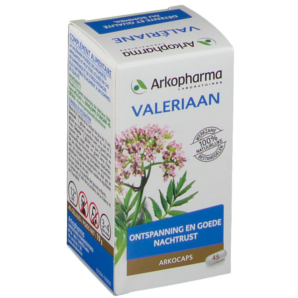 Boîte Arkocaps Valeriane. Inscription: "Valeriaan", "Ontspanning en goede nachtrust". 45 gélules. Logo: 100% naturel.