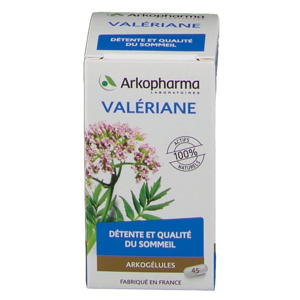 Boîte Arkocaps Valériane. Inscription: "Valériane", "Détente et qualité du sommeil". 45 gélules. Logo: 100% naturels.