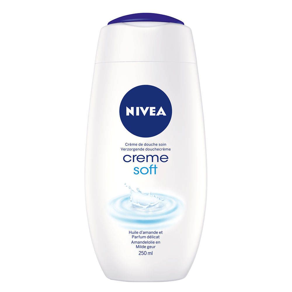 Flacon blanc avec bouchon bleu. Inscription : NIVEA, Creme Soft. Représentation d'eau.