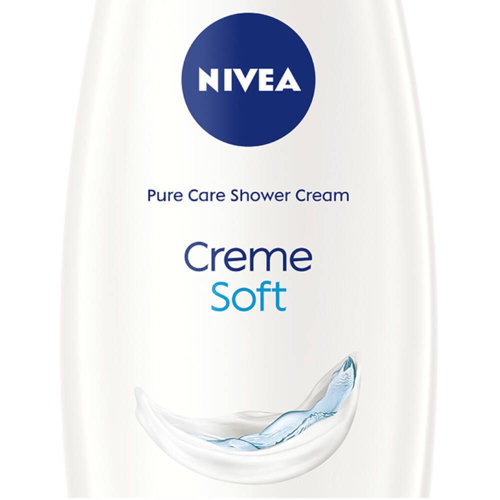 Flacon blanc avec bouchon bleu. Inscription : NIVEA, Creme Soft. Représentation d'eau.