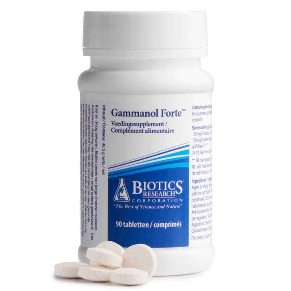 Comprimés blancs à côté d'un flacon blanc. Inscription: Gammanol Forte, Biotics Research. 90 comprimés.