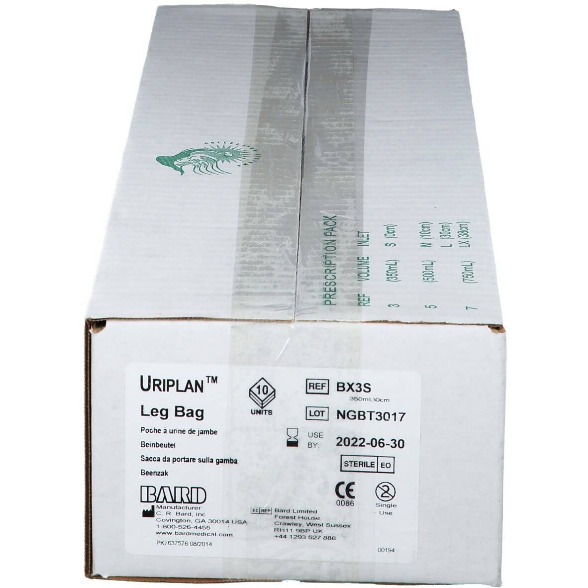 Boîte de sacs de jambe Uriplan. Inscription: Leg Bag, Bx3S, sterile EO. Avec marquage CE.