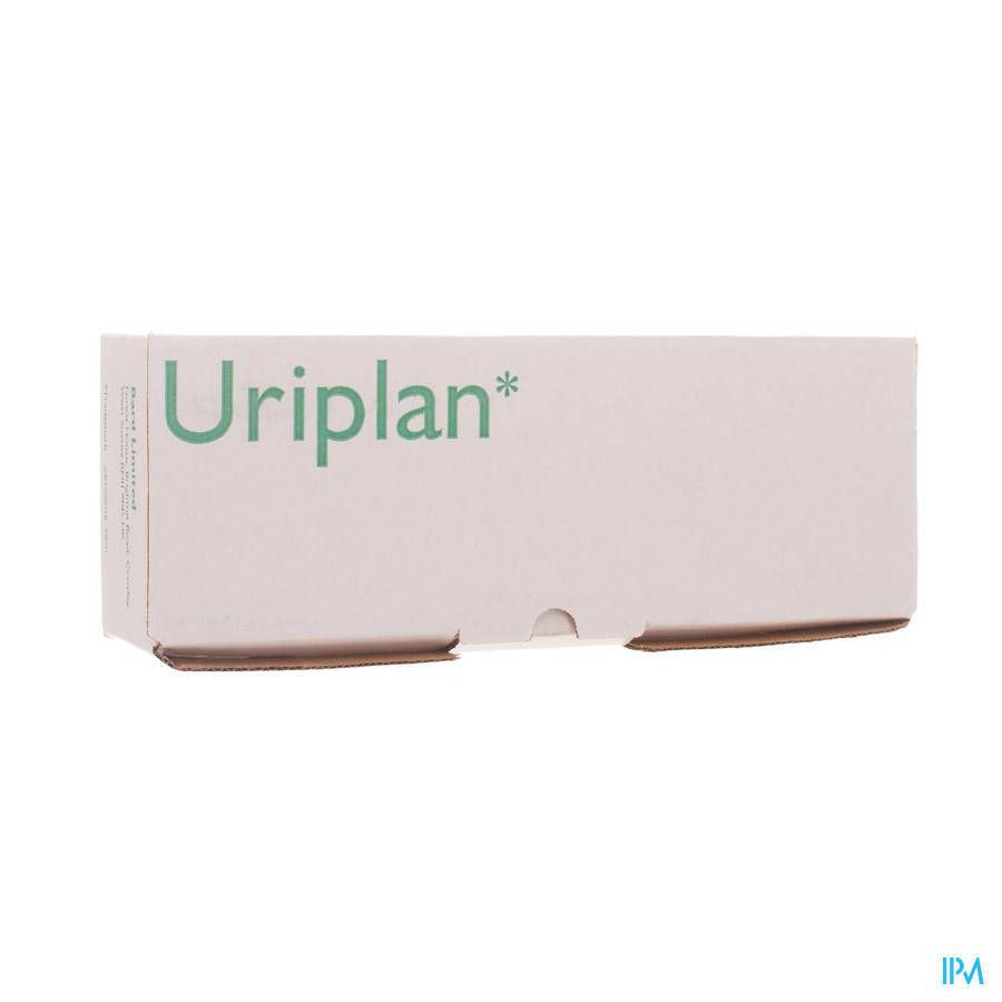 Emballage blanc avec texte vert Uriplan*. Boîte en carton aux coins arrondis. Impression sur le devant.
