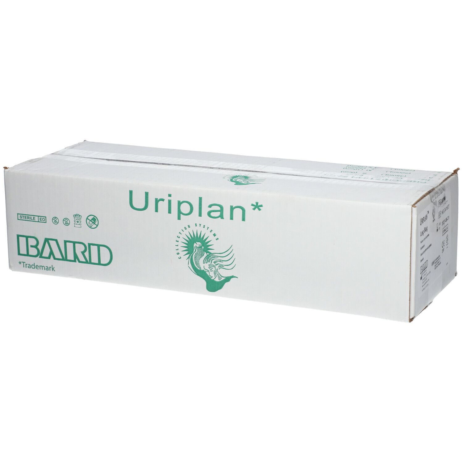Emballage en carton blanc avec logo Uriplan et logo Bard. Texte vert.