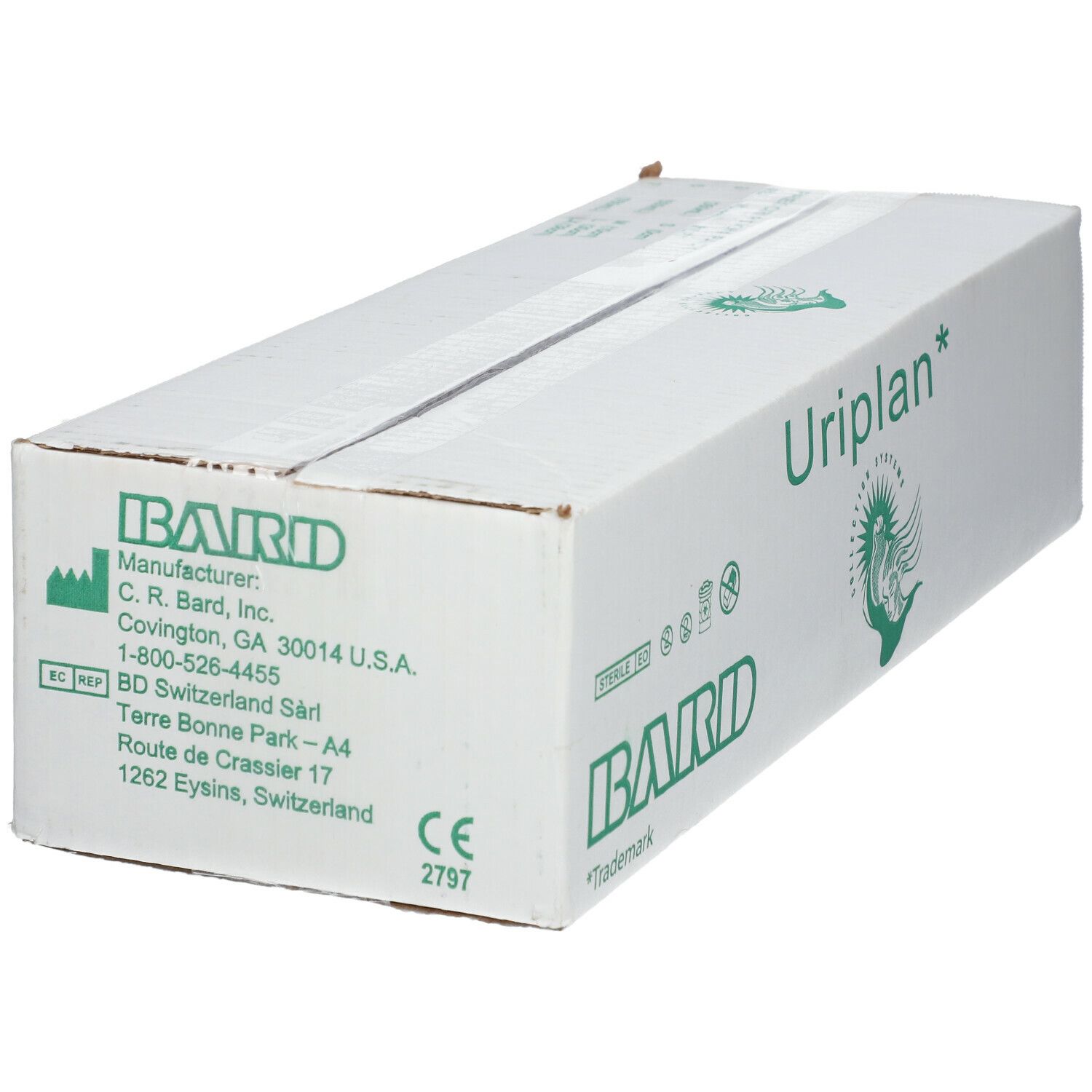 Boîte de produit Uriplan. Inscriptions : Uriplan, logo Bard, adresse du fabricant, marquage CE.