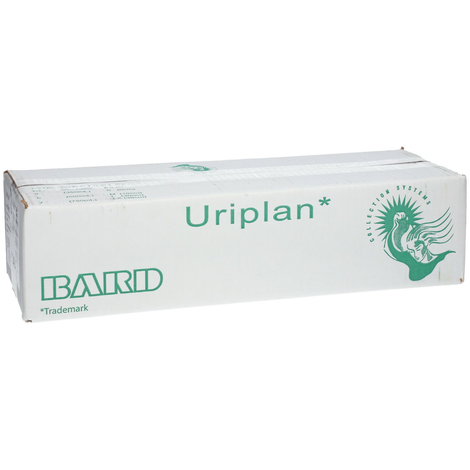 Emballage en carton blanc avec logo Uriplan et logo Bard. Texte vert.