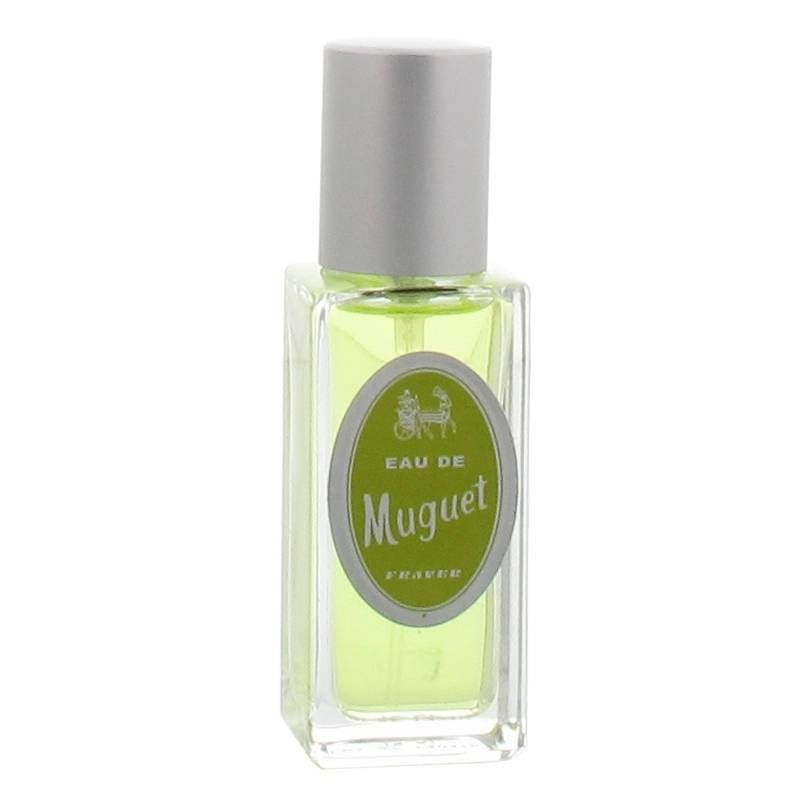 Flacon de parfum avec bouchon argenté. L'étiquette indique "Eau de Muguet" et "Fraver".