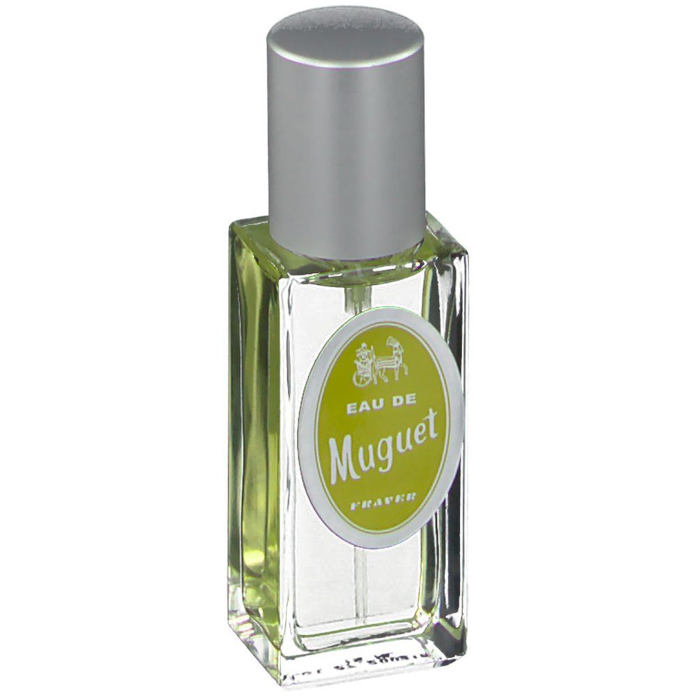 Flacon de parfum avec bouchon argenté. L'étiquette indique "Eau de Muguet" et "Fraver".
