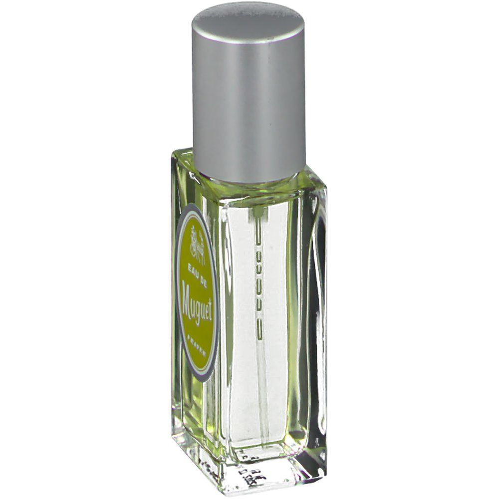 Flacon de parfum avec bouchon argenté. L'étiquette indique "Eau de Muguet" et "Fraver".