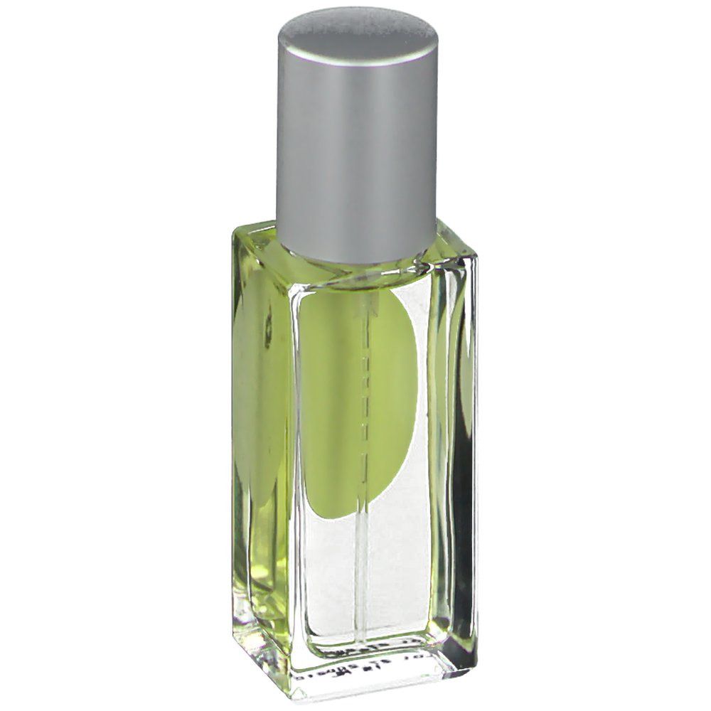 Flacon de parfum avec bouchon argenté. L'étiquette indique "Eau de Muguet" et "Fraver".