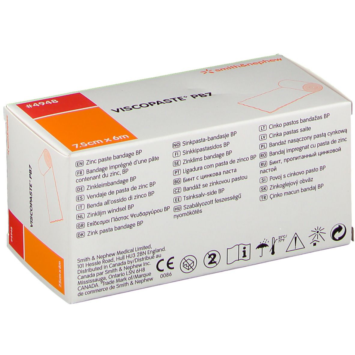 Boîte Viscopaste PB7, 7,5cm x 6m. Informations produit multilingues. Logo Smith & Nephew.